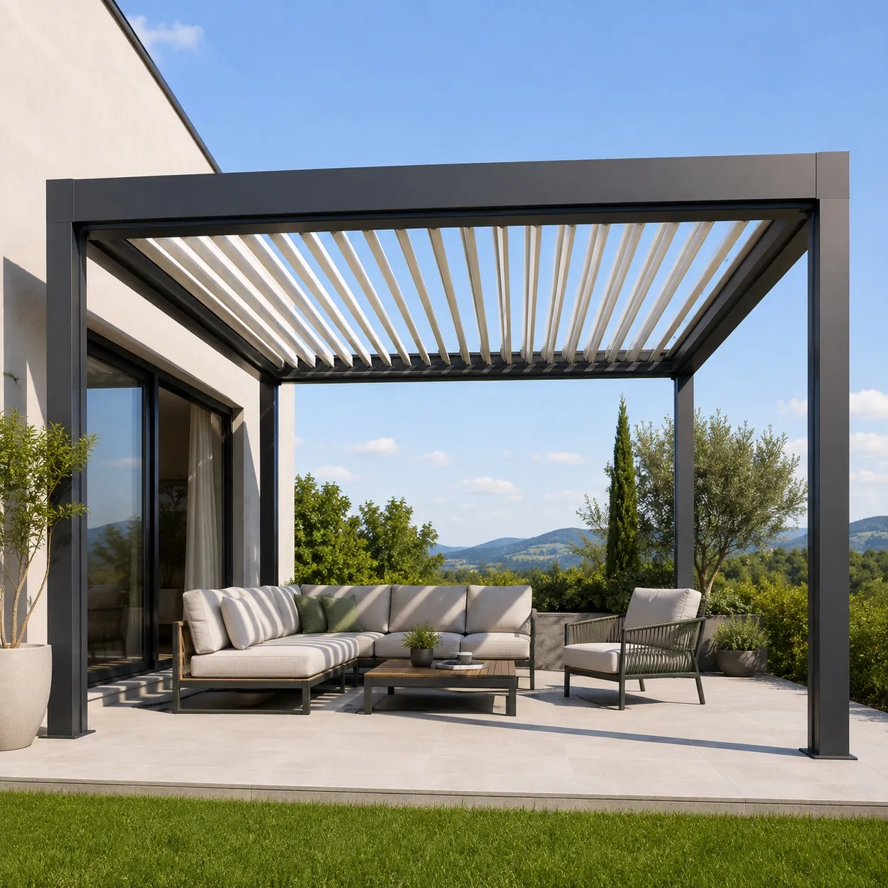Pergola a lamelle scorrevoli, vista d’insieme